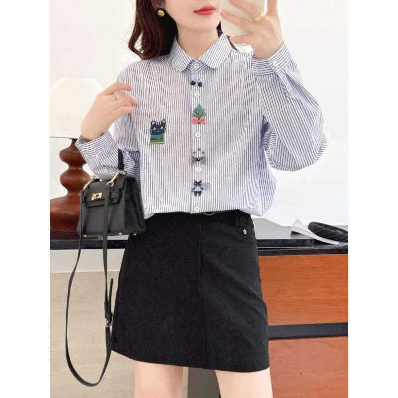 Sweet Cartoon Cat Embroidery Long Sleeve Shirt Women's Casual Style Spring Fashion Artistic Loose Fit Cotton Shirt