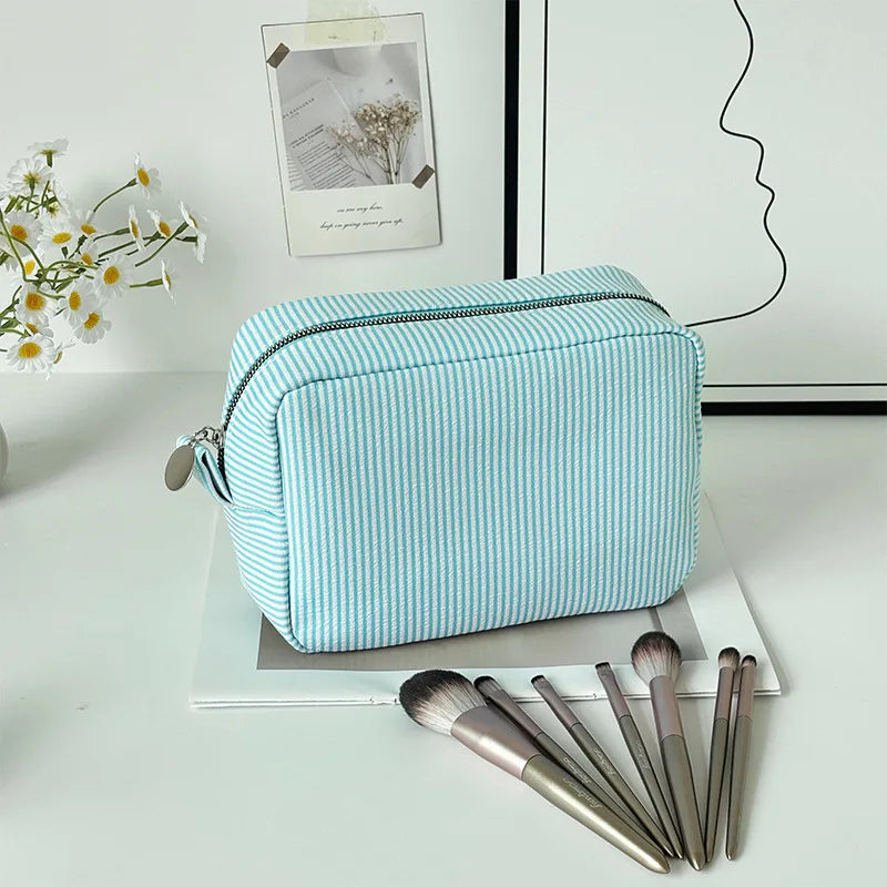 Personalized Striped Cosmetic Bag with Custom Text Embroidery Portable Travel Wash Bag Storage Pouch for DIY Makeup Skincare