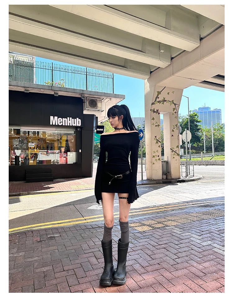 Seeslim Black Slim Sexy Mini Dress Women Long Sleeve Autumn Off Shoulder Korean Fashion 2000s Y2k Clothes Party Dresses Chic