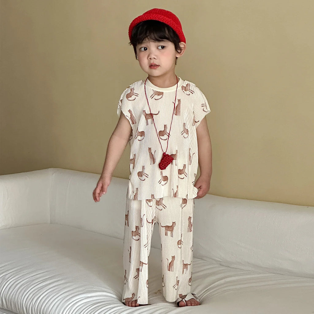 2026 New Infants Kids Matching Clothing Set Cartoon Print Pleated 2 Pieces Suit Tank Top Trousers Soft Loose Streetwear Homewear