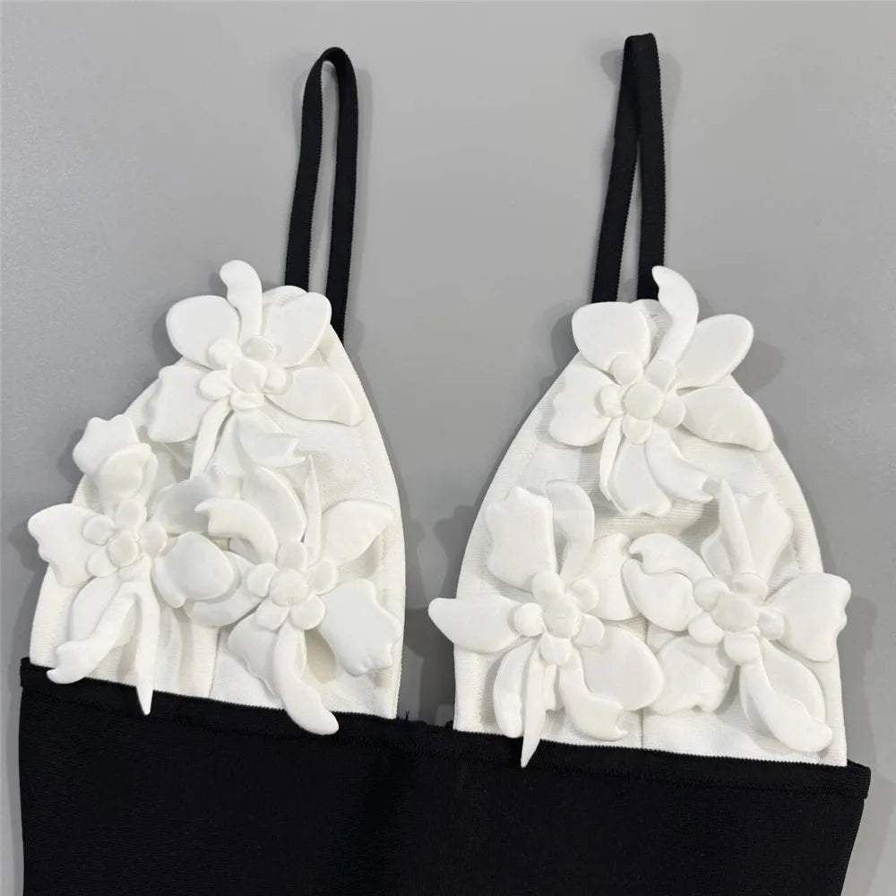 Women Simple 3D Floral Appliques Spaghetti Strap Bandage Dresses Deep V-Neck Backless Club Party Mini Dress