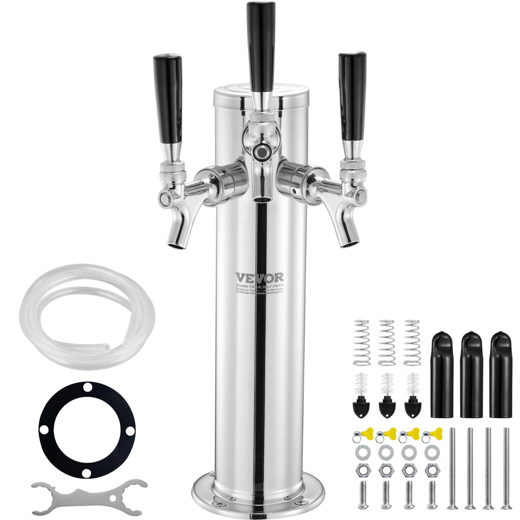 SucceBuy Triple Taps Draft Beer Tower Dispenser Stainless Steel Keg Beer Tower Kegerator Tower Kit Pre-Assembled Tubing for Bar