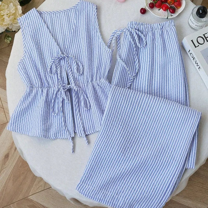 2026 Summer Solid Color Striped Suit Casual Lace All-match Vest Loose Lace Trousers Casual Sweet Suit Women's Two-piece Set