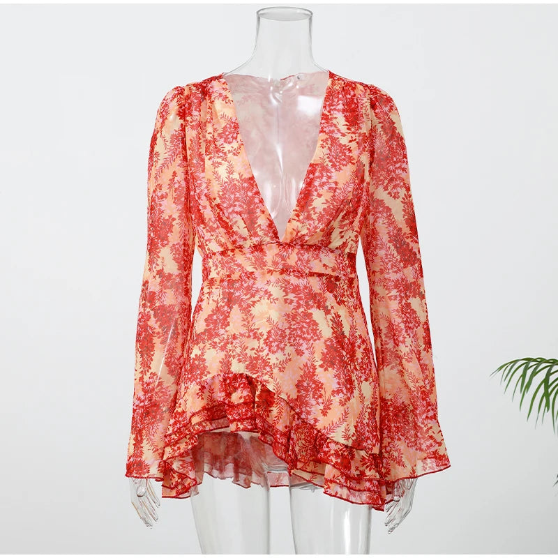Elegant Ruffle Print Slim Short Dress Women Chic Patchwork Flared sleeves V-neck Pleated Dresses 2026 Lady Summer Casual Vestido