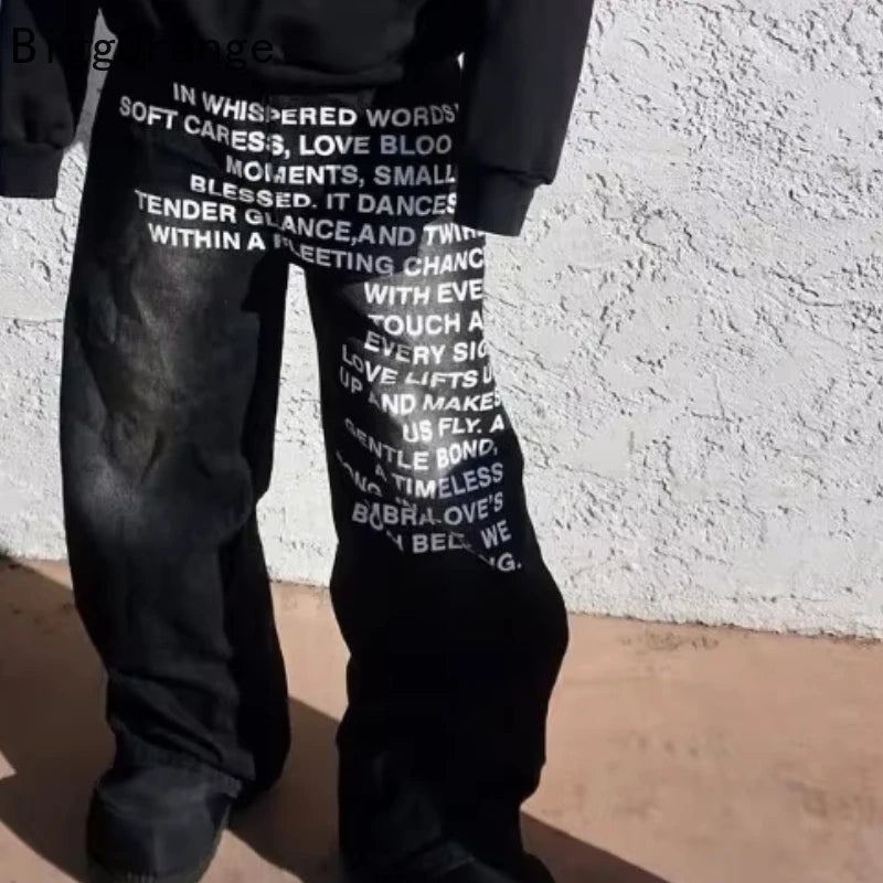 Trendy Jeans American Fashion High Street Trousers Letter Printed Pattern Wide Leg Y2K Men's Retro Gothic Casual Pants