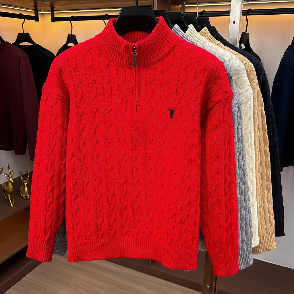 Fashion Half Zipper Sweater Men's Winter Warmth New exquisite jacquard design luxury brand golf pony embroidery knitted pullover