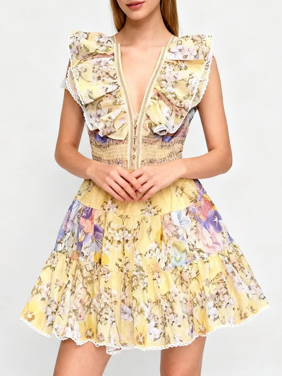 TWOTWINSTYLE Slimming Printing Spliced Ruffles Folds Elegant Dresses for Women V Neck Sleeveless High Waist Dress Female Clothes