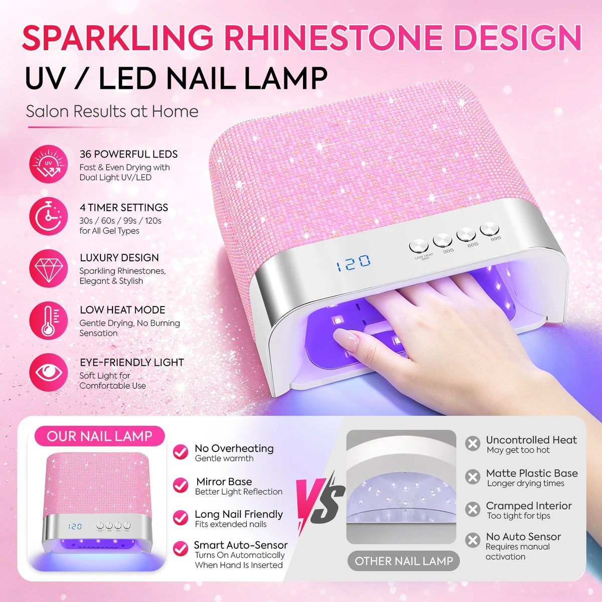 Rhinestone UV LED Nail Lamp 36 LEDs, Auto Sensor, Low Heat Mode, 4 Timer Options, Mirror Base Nail Dryer