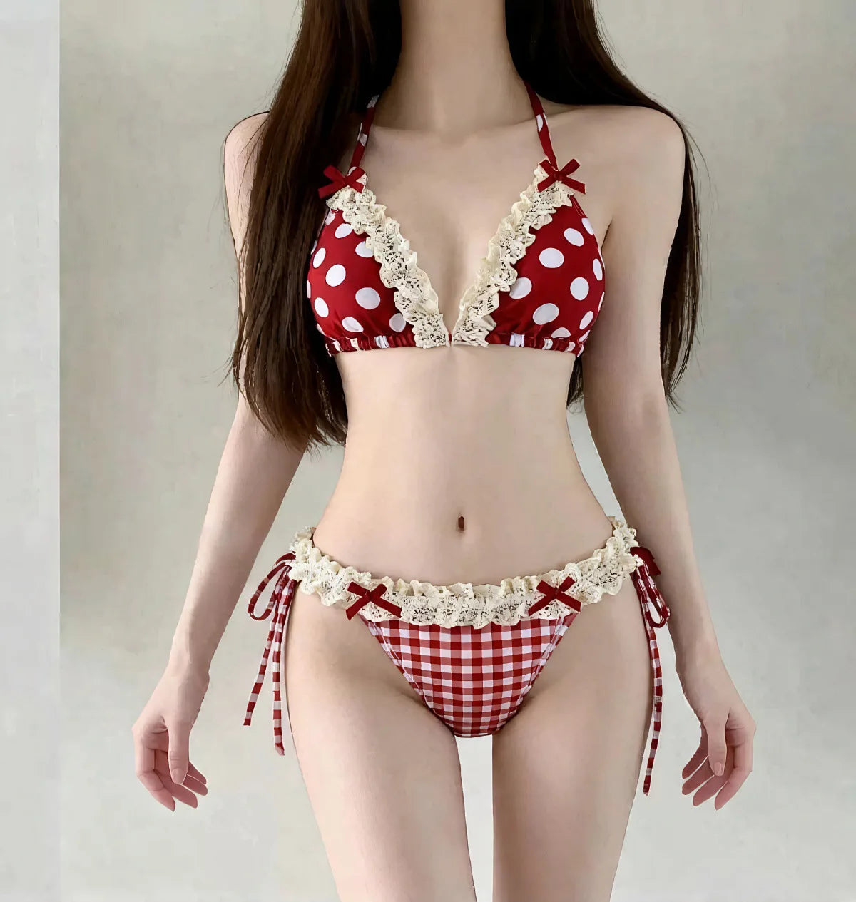 Women Summer Sexy Polka Dot Lace Ruffle Bow Halter Tie Bikini Tummy Control Slim Split Swimsuit Beach Vacation Pool Bathing Suit