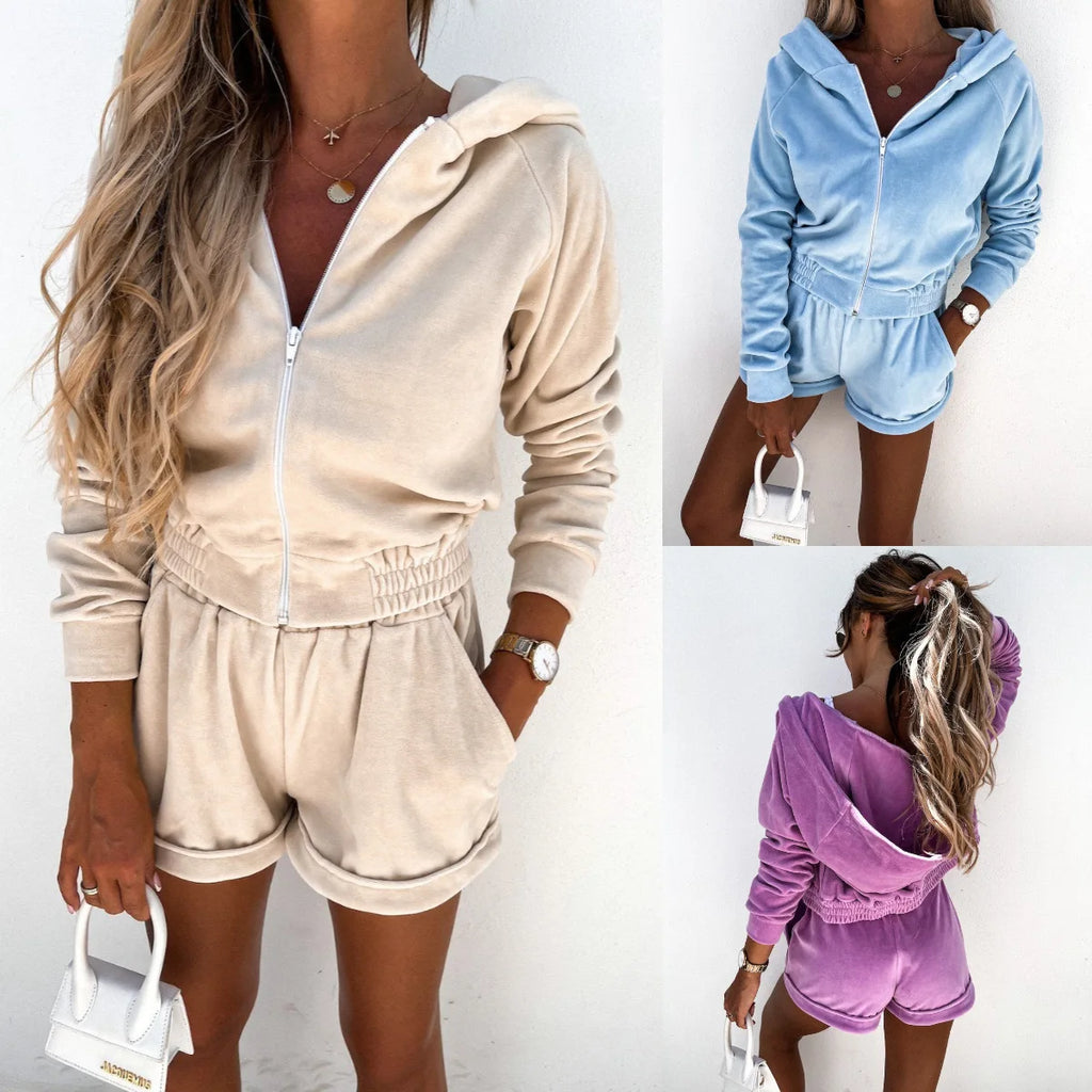 Velvet Sports Style Pant Sets Women Solid Color Hooded Cardigan Shorts Two Piece Set Fashion Casual Female Clothing Streetwear