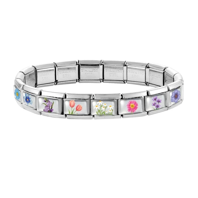 2025 Women's Fashion Colorful Flowers Sunflower Tulip Orchid Daisy Italian Charms Fit 9mm Stainless Steel Bracelet DIY Jewelry