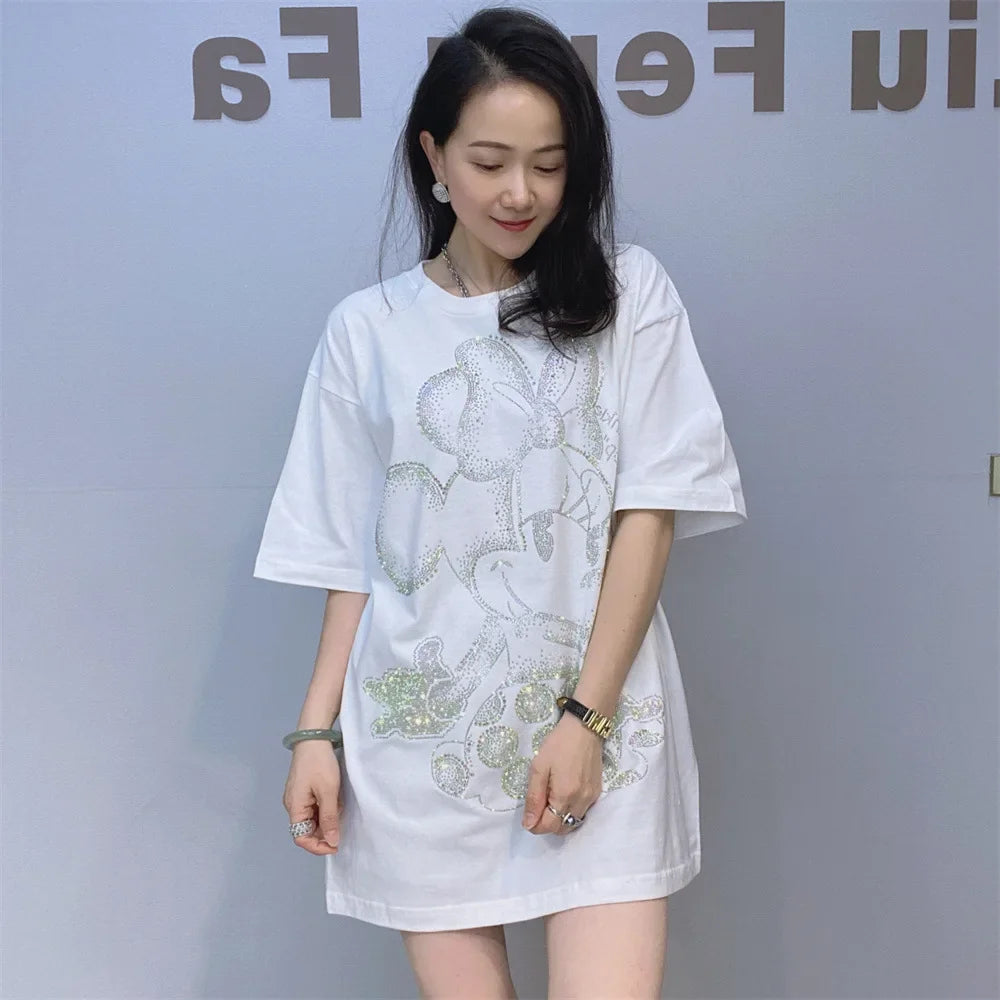 Loose Oversized T Shirt Women Rhinestones Cartoon Pattern Short Sleeve O Neck Pullovers Tops Tee Female Женская Одежда Plus Size