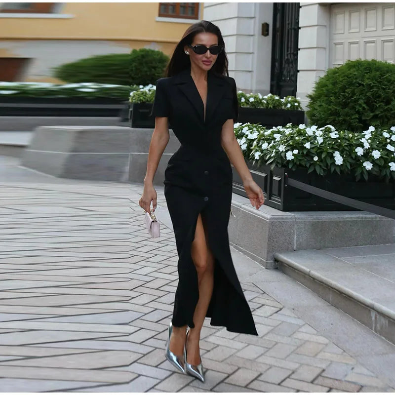 Fashion Lapel Short Sleeve Dress Women's Solid Color Single Breasted Slit Midi Dresses 2026 Summer New Lady Elegant Office Wear