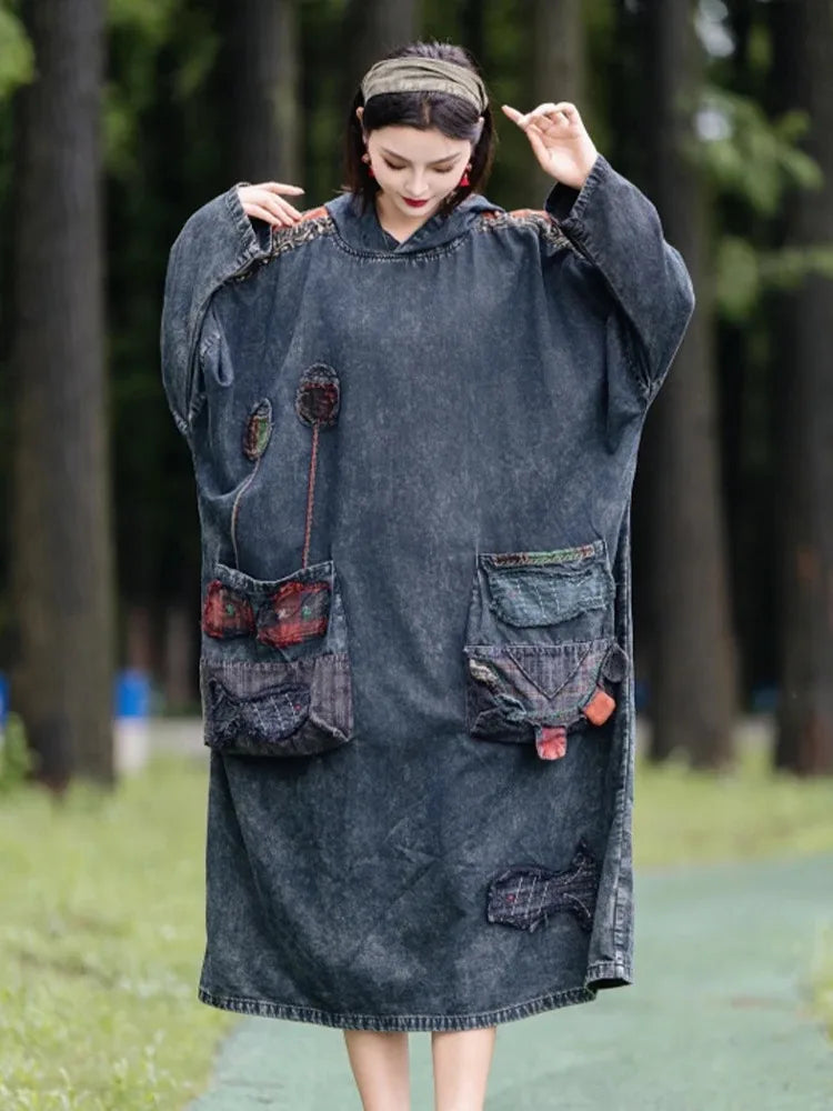 Amax LuluE 2026 Spring Ladies British Vintage Oversized Denim Dress Fashion Classic Hooded Clothes Women Punk Patchwork Vestidos