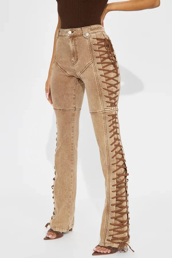 Europe America New Fashionable Women's Straight-leg High-waisted Jeans, Featuring Lace-up Straps and Drawstrings for Hot Girls