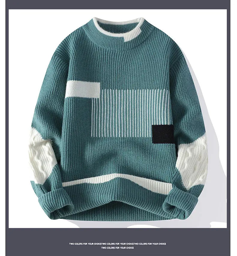 Mock Neck Knitted Sweater Men Women Autumn Winter Daily Casual Warm Knitting Pullovers Men's Fashion Patchwork Pullover Sweaters