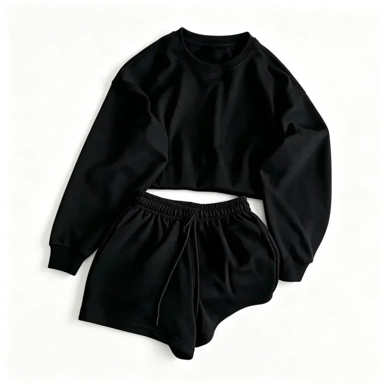spring summer Womens Round neck long sleeve Sweatshirt Two Piece Set Casual Sweatshirt+shorts suit Daily Womens Tracksuit