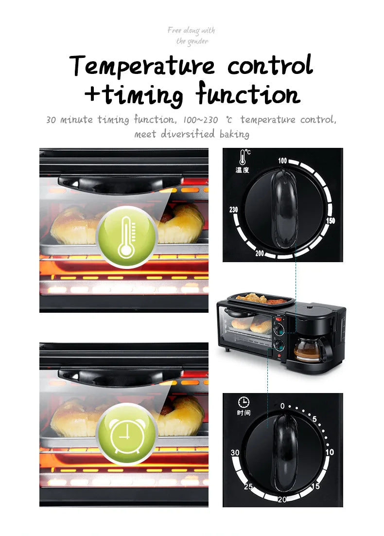 Multi Function 3in1 Breakfast Maker Electric Bread Roast Oven Steaming Coffee Pot Frying Fan In One Machine Kitchen Appliances