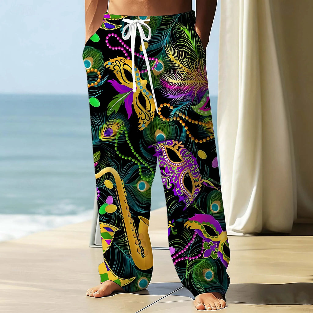 Mardi Gras Men's Pants Carnival mask Graphic Print With Drawstring Pockets Summer Casual Fall Outdoor Stylish thin Men Pants