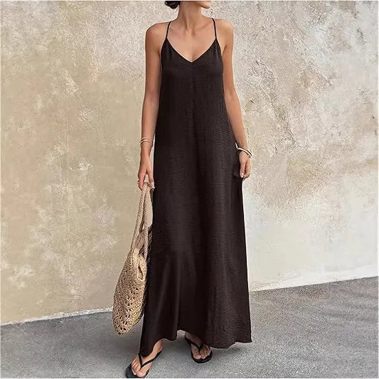 Women's New Solid Color Spaghetti Strap Deep Backless Loose Flowy Maxi Dress Elegant Comfort Casual Trendy Versatile Daily Dress