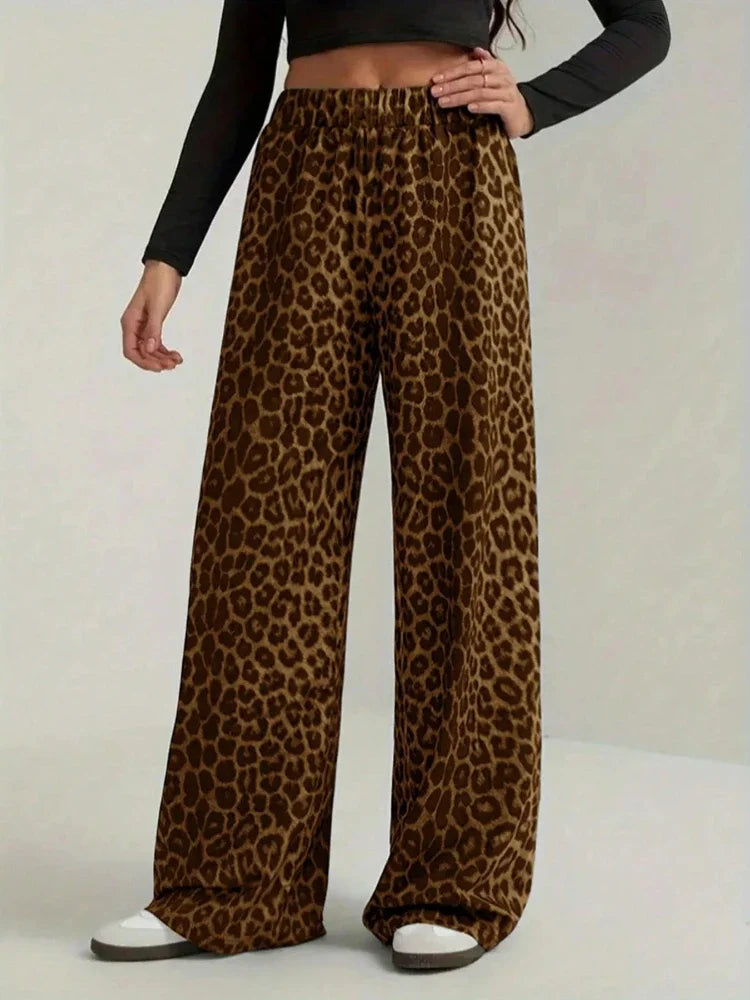 Fashion High Street Straight Casual Pants 2026 New Leopard Print Pants Women Elasticity High Waist Loose Wide Leg Pants Women