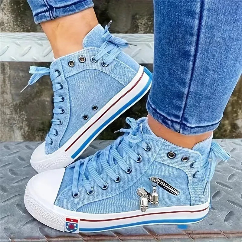 Denim Canvas Sneakers Women Slip On Light Blue Retro Skull Platform High Top Sneakers Ladies 2025 Spring Vulcanized Shoes Woman