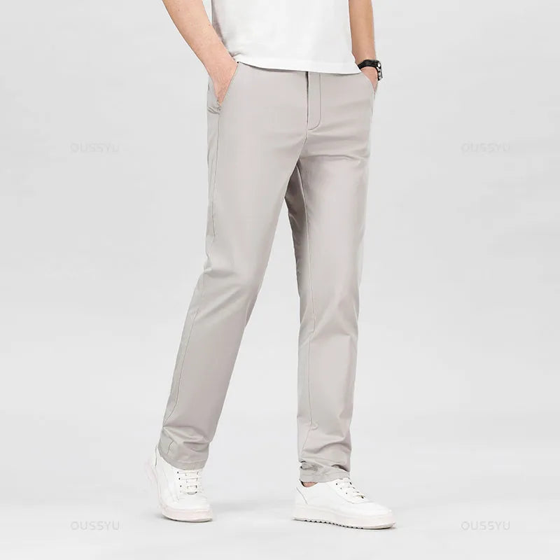High Quality 97% Cotton Men's Straight Pants Business Solid Color Khaki Light gray Casual Formal Suit Trousers Plus Size 40 42