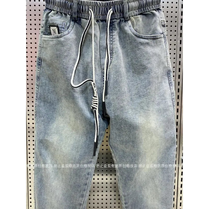 Spring Autumn New Kpop Loose Casual Men's Jeans Pants High-end Brand Loose Straight Pants Elastic Harlan Casual Trendy Dad Jeans