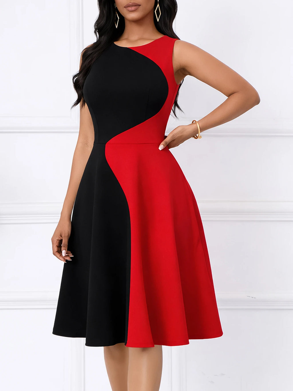 Womens Elegant Round Neck Sleeveless Summer Casual Fashion Party Knee Length Colorblock Fit and Flare Swing Dress