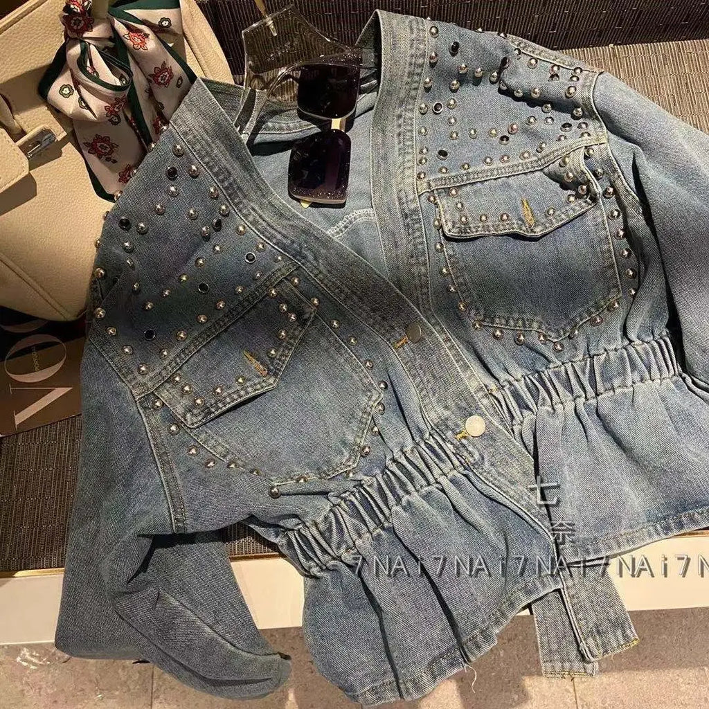 Design Inspired Denim Jacket For women 2026 Spring Autumn New Heavy Industry diamond Studded Nail bead Slimming Long sleeved Top