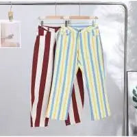 Women's Pants Bohemian Colorful Striped Panelled Wide Leg Trousers Fashion Lady High Waist Multi-color Slim Partywear Streetwear