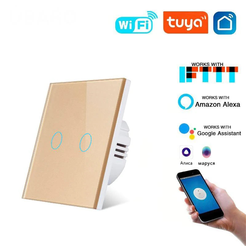 Tuya WiFi Smart Touch Switch Glass Panel EU Standard 1/2/3/4 Gang Light Switch Neutral Wire Required App Voice Control Alexa Goo