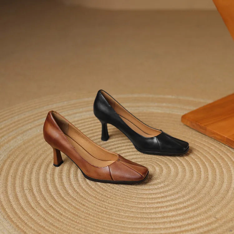 NEW Spring/Autumn Women Pumps Genuine Leather Shoes for Women Square Toe Thin Heel Shoes Concise Shallow High Heel Pleated Shoes