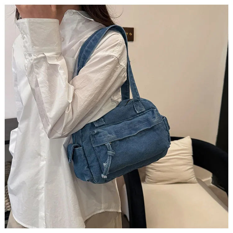 Trendy Vintage Denim Top Handle Bag Women Fashion Spring Shoulder Bag Casual Comfortable and Versatile Texture Storage Bag