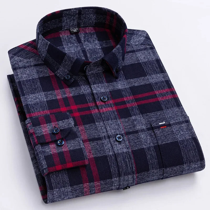 New in ShirtPlus Size 7XL 100% Cotton Sanding Long-Sleeve Shirts for Men Slim Fit Plain Shirt Striped Plaid Single Pocket Clothe