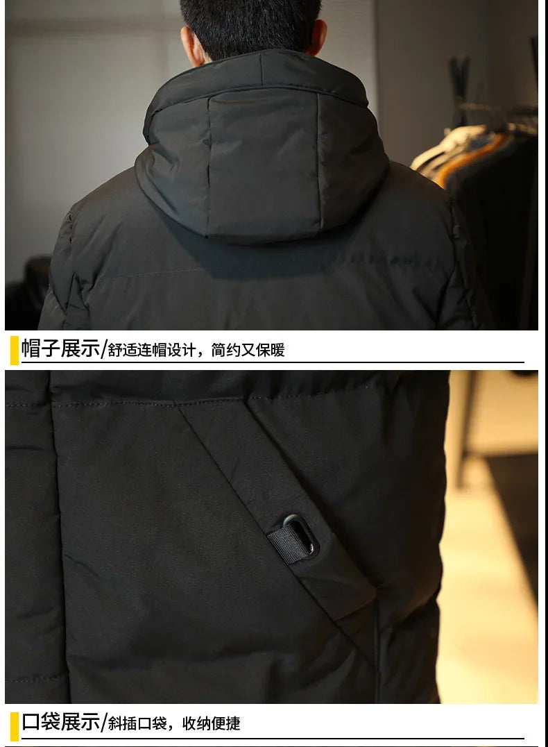 2023 Warm Hooded Mid-length Jacket Mens Casual Zip Up Cotton Padded Jacket Overcoat Autumn Winter Windbreaker Coats Men Clothing