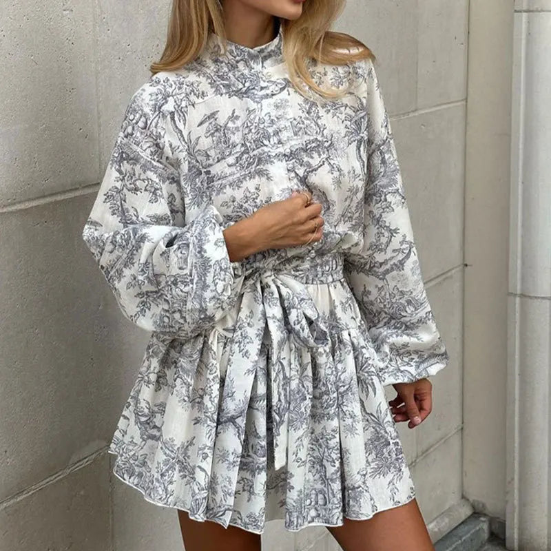 Autumn new women's clothing style elegant, fashionable, casual, sexy commuting long sleeved lace up Chinese style printed dress