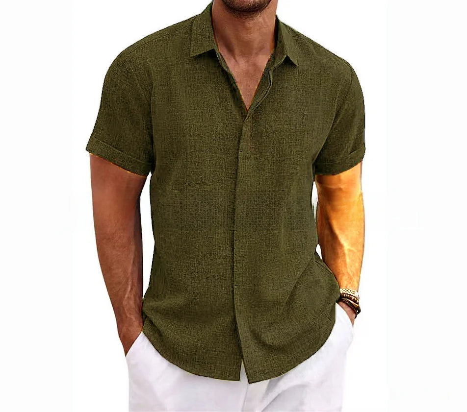 Men's Casual Beach Lightweight Linen Sve Shirt Color Standard Fit Short Sleeve Cleanfit PU Leather Inner Wear Pure Color