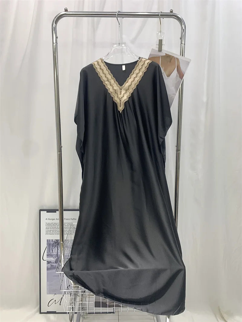 Sexy Lace V Neck Nightdress Women Night Dress Summer Short Sleeve Satin Sleepwear Loose Silky Long Nightgowns Overized
