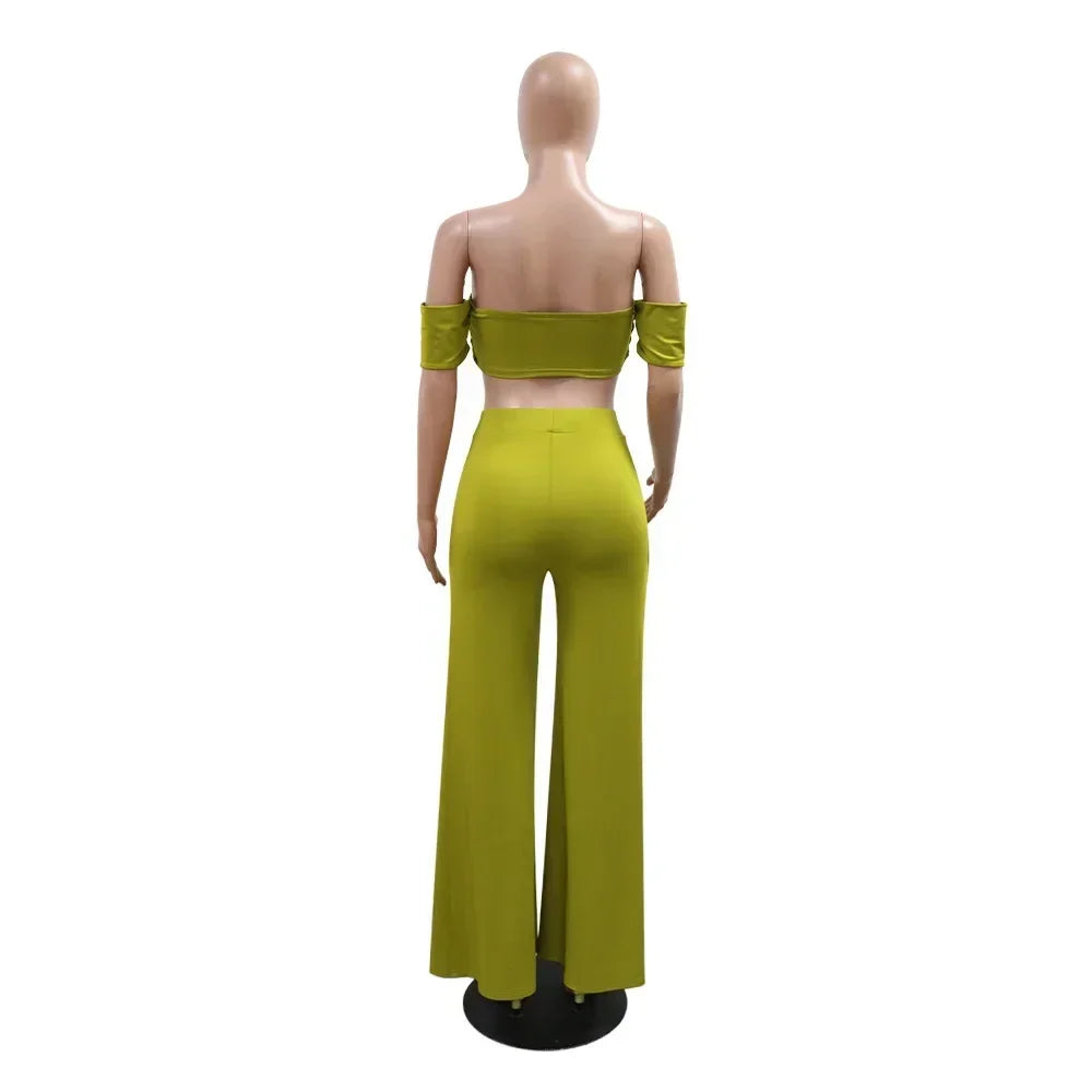 Women's Set Short Sleeve Slash Neck Ruched Tops and Wide Leg split Pants 2025 Street Two 2 Piece Sets Outfit Tracksuits