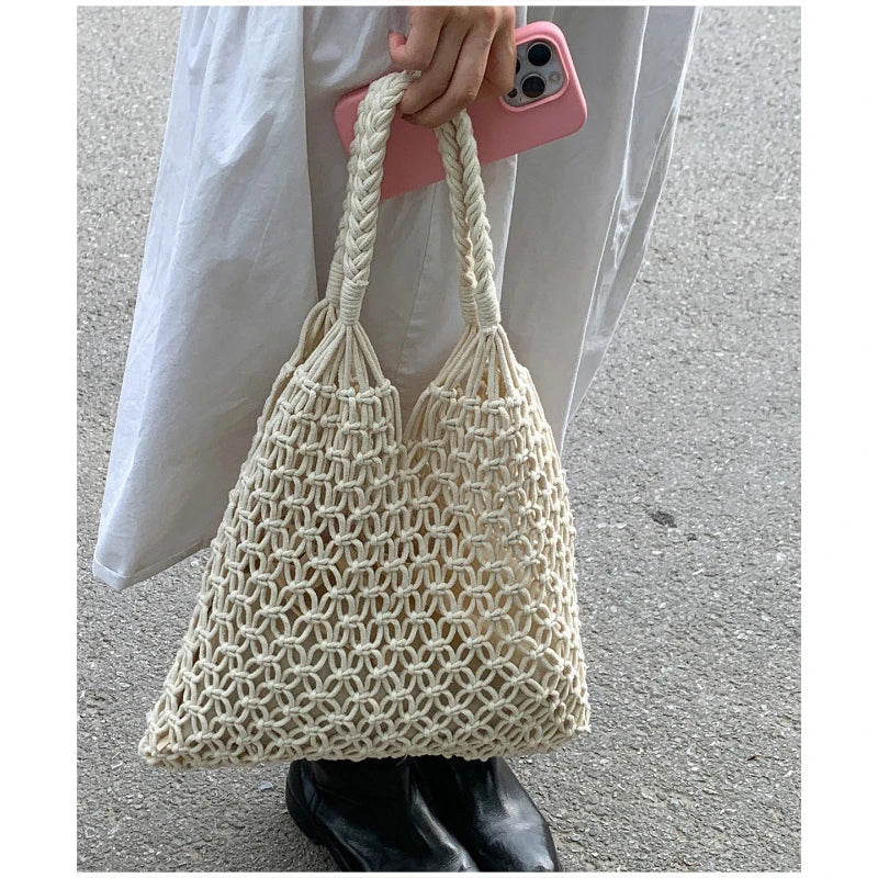 Hollow Crochet Mesh Woven Shoulder Bag With Inner Pocket,Women Solid Color Handbag,Summer Work Beach Vacation Commuting Tote Bag