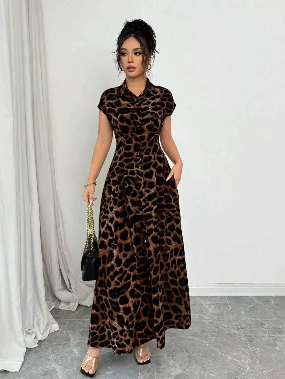 Women's Elegant Leopard Print Lapel Short-Sleeve Waist-Cinched Button Dress