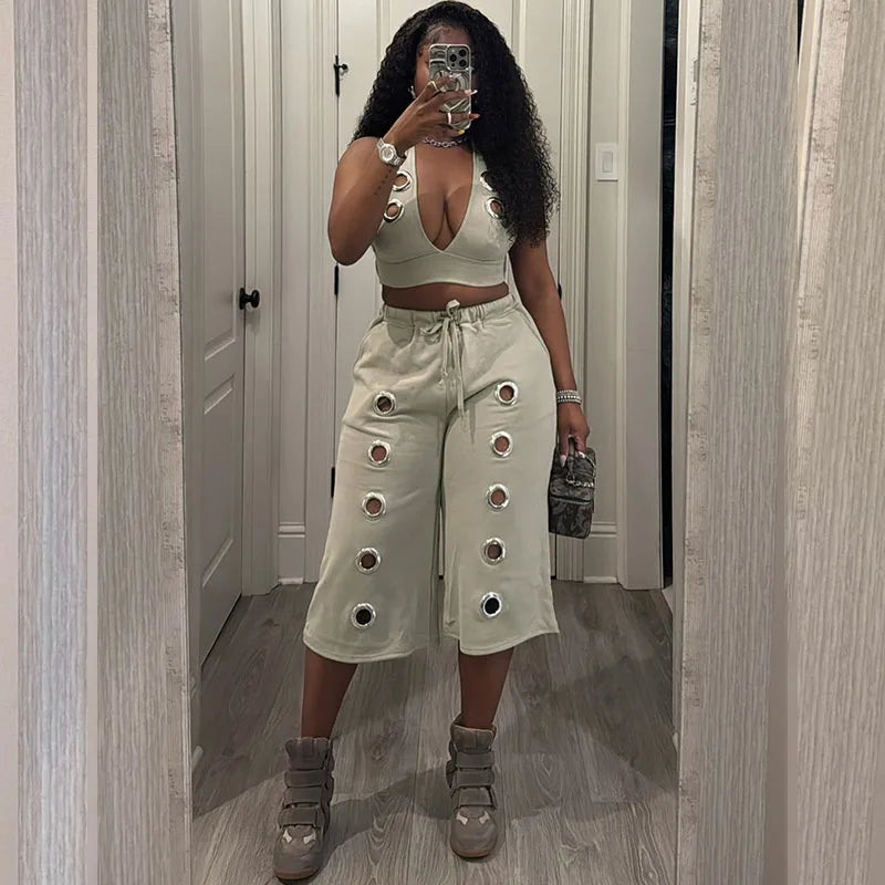 Streetwear 2 Piece Sets for Woman Club Outfits Party Hollow Out Halter V-neck Vest Crop Top and Calf-length Pants Matching Sets