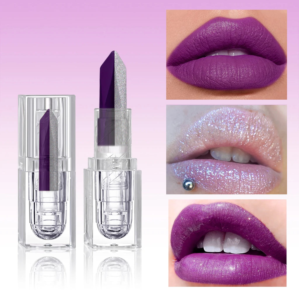 Halloween Purple Silver Two‑Tone Glitter Lipstick Transparent Square Tube Sparkly Shiny Lips Cosplay Stage Makeup