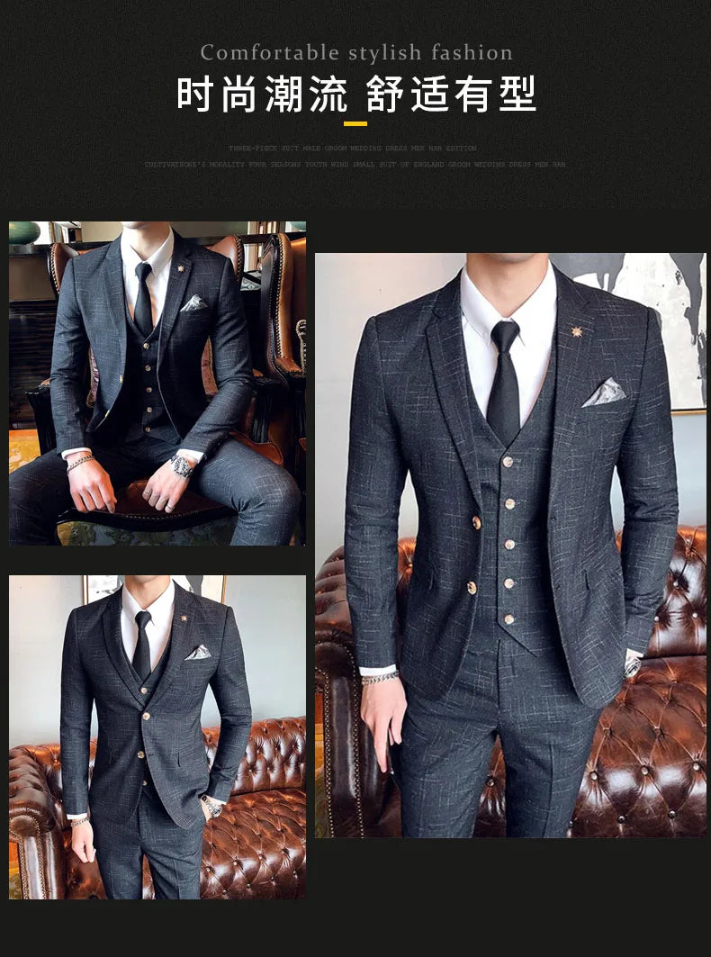 S-7XL ( Blazer + Vest + Pants ) Striped Plaid Solid Color Mens Formal Business Suit 3Pcs Set Groom Wedding Social Show Dress