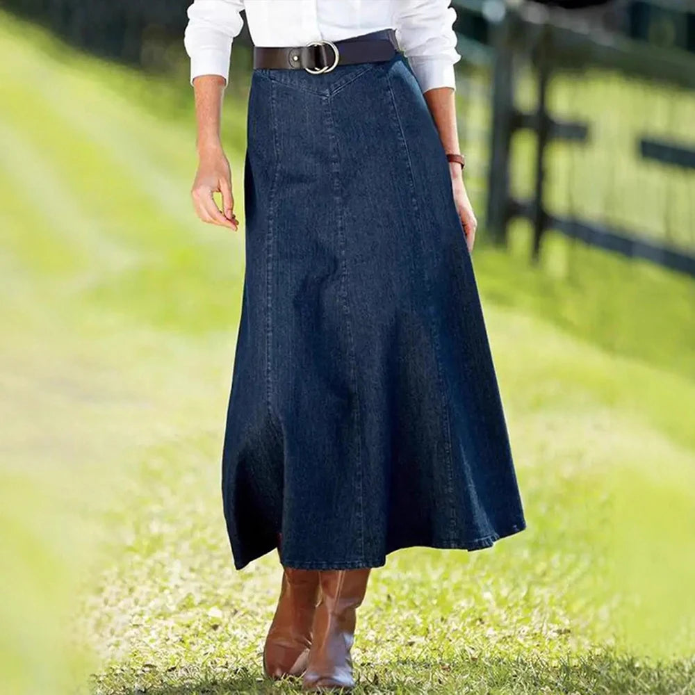 Denim Fabric Half Length Skirt Solid Color Clothes Simple Style  Casual Wear Stretch Fabric Dress A-Line Bottom Skirt