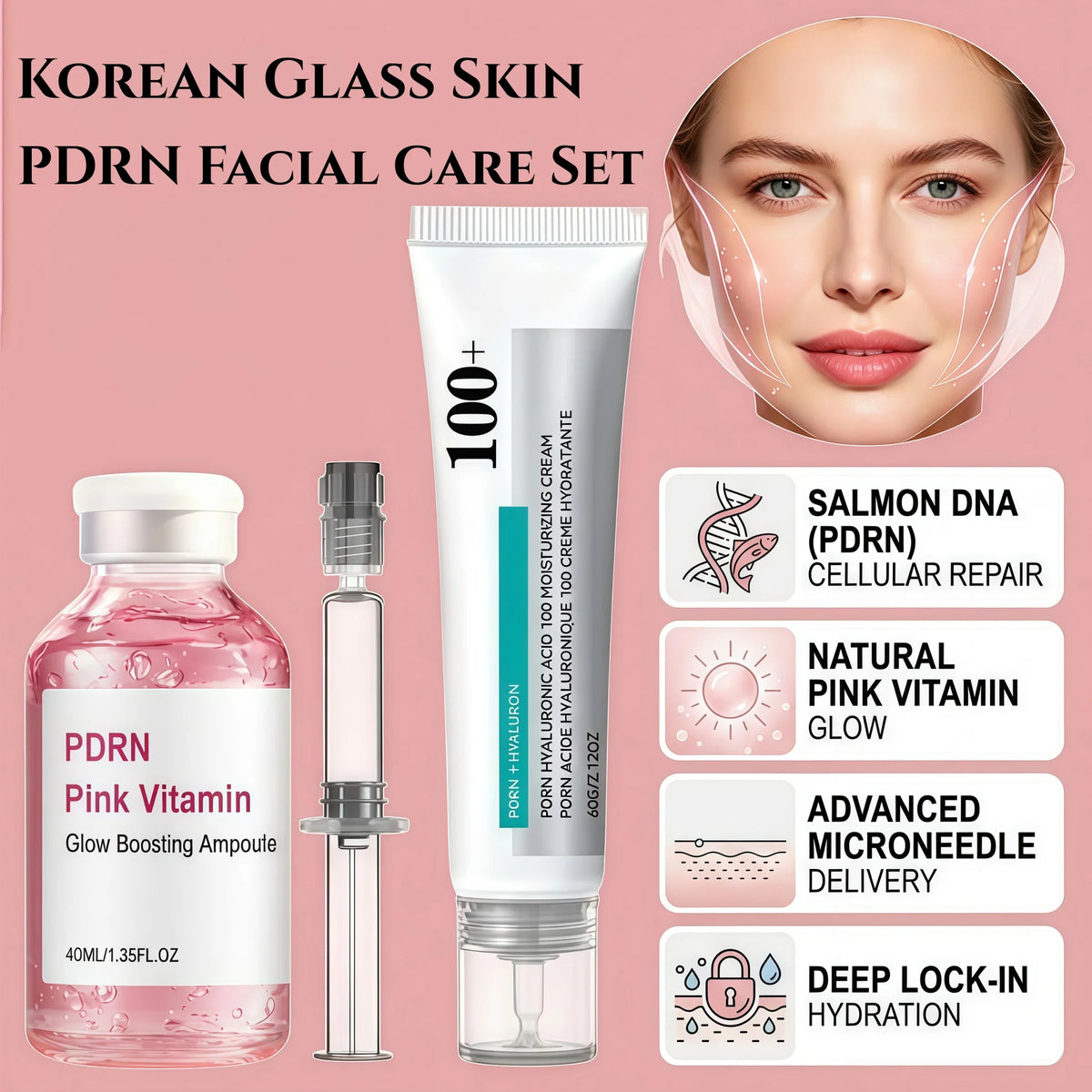 Korean Glass Skin PDRN Facial Care Set,Pink Vitamin B12 Glow Boosting&Salmon DNA Technology,Niacinamide Dark Spot Eraser,Glow&Brightening&100+ Hyaluronic Acid Deep Hydration,Skin Regeneration&Barrier Repair,Syringe Precision