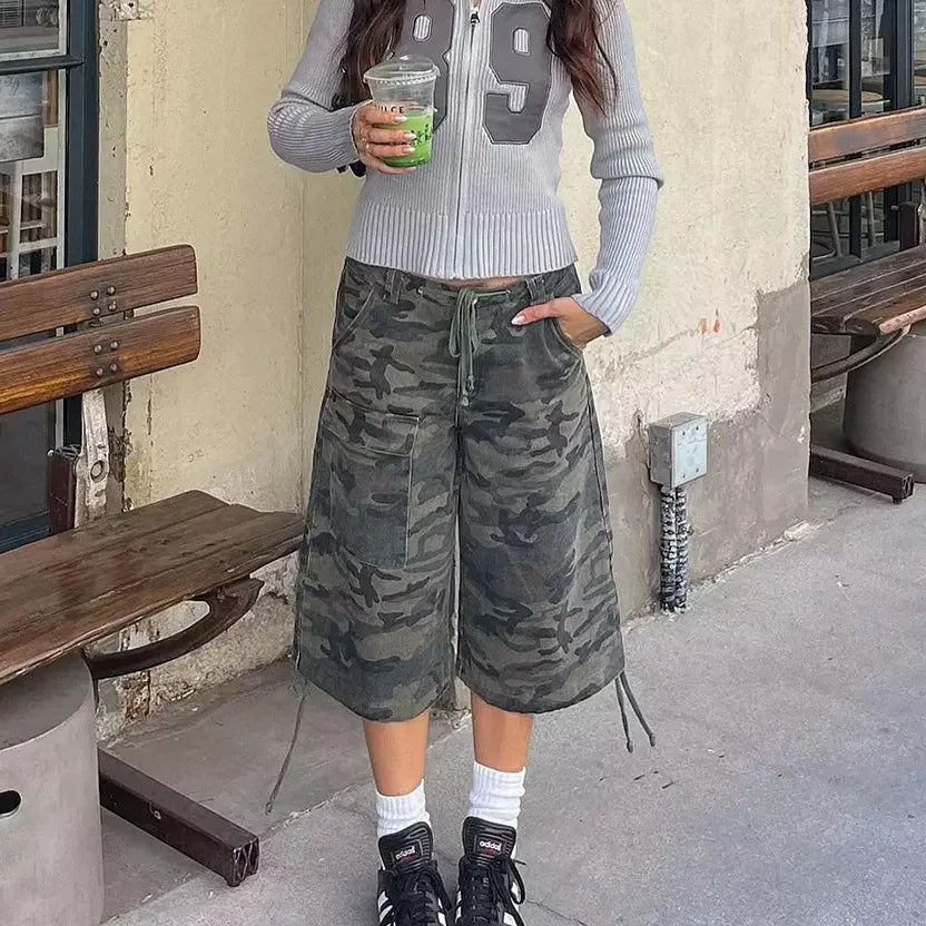 Women Retro Cargo Denim Shorts Vintage Camouflage Print Loose Drawstring Short Pants Y2k Aesthetic Cyber Grunge Streetwear