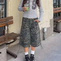 Women Retro Cargo Denim Shorts Vintage Camouflage Print Loose Drawstring Short Pants Y2k Aesthetic Cyber Grunge Streetwear
