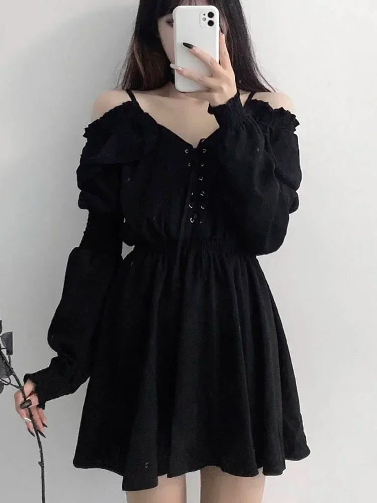 Zoki Harajuku Gothic Women Dress Y2K Summer Sexy Off Shoulder Black Bandage Mini Dress Fashion Elegant Party Night Vestidos New